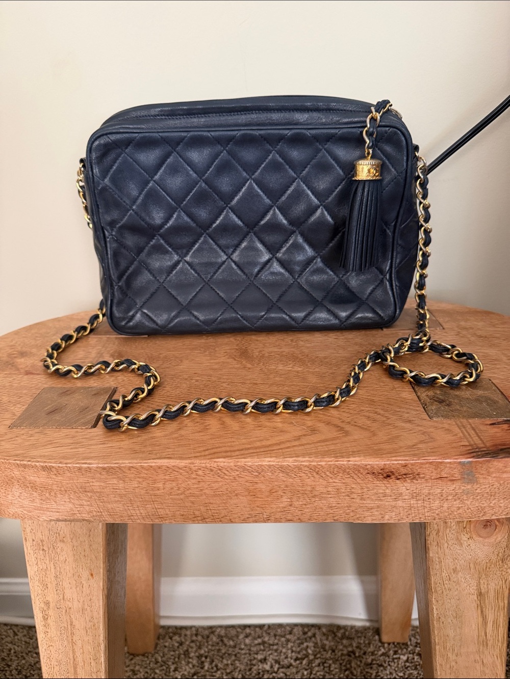 Chanel Vintage Navy Lambskin Leather Camera Crossbody Bag with Tassel